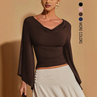 Women's Cowl Neck Flare Sleeve Fitted Top