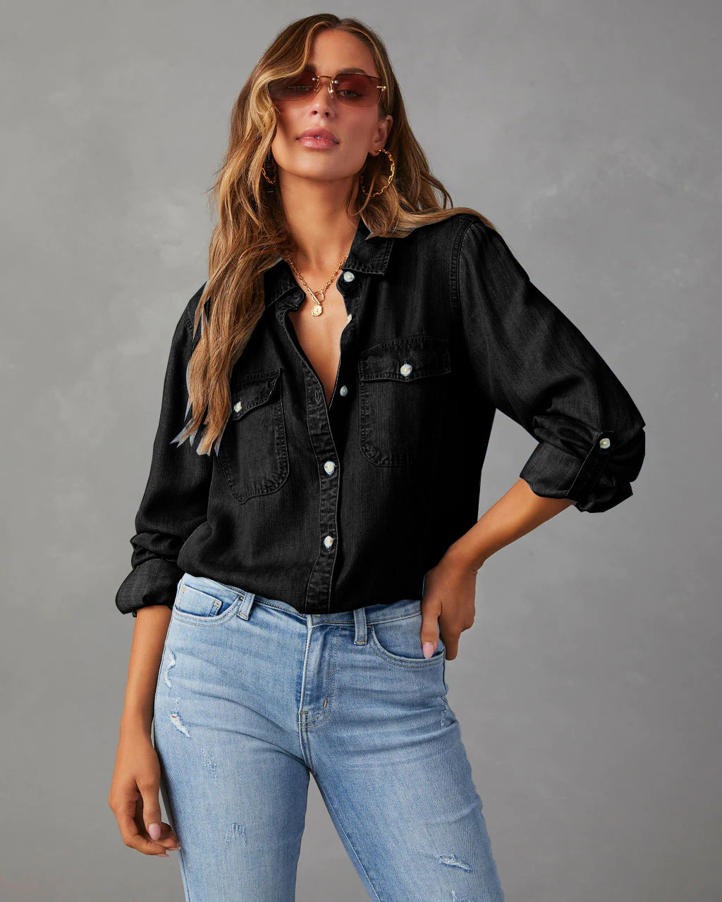 Women's Denim Button Down Shirt Long Sleeve Casual Western