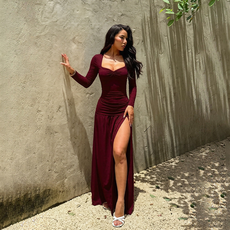 Square Neck Ruched Long Sleeve Slit Maxi Dress