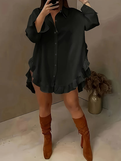 Women's Oversized Ruffle Button Down Shirt Dress