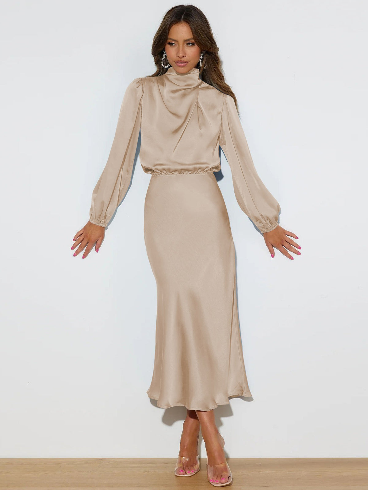 Satin Mock Neck Puff Sleeve Bodycon Midi Dress Cocktail