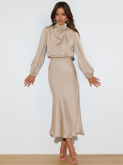 Satin Mock Neck Puff Sleeve Bodycon Midi Dress Cocktail