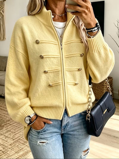 Womens Oversized Zip Up Cardigan Button Detail Mock Neck