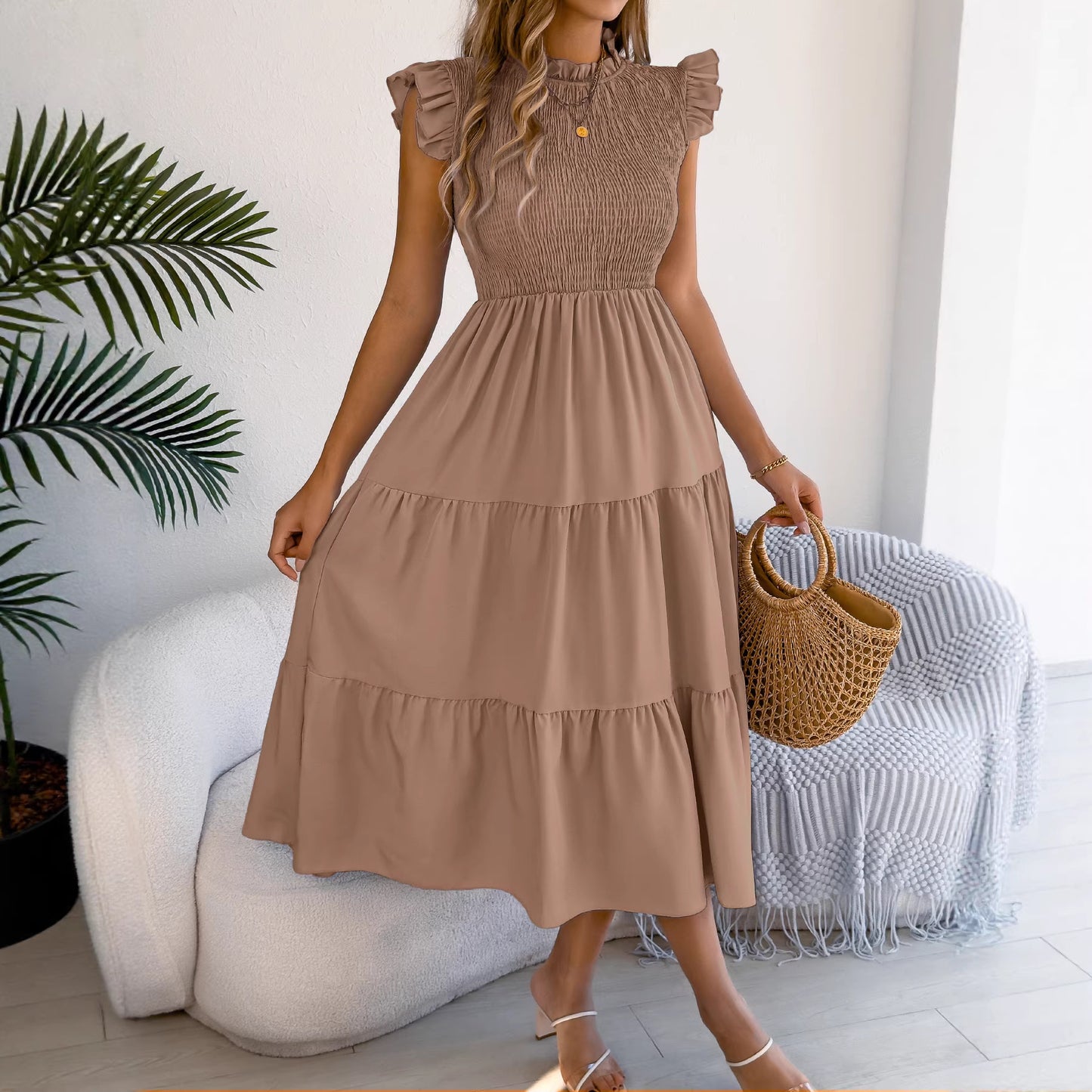Smocked Ruffle Sleeve Tiered Maxi Dress