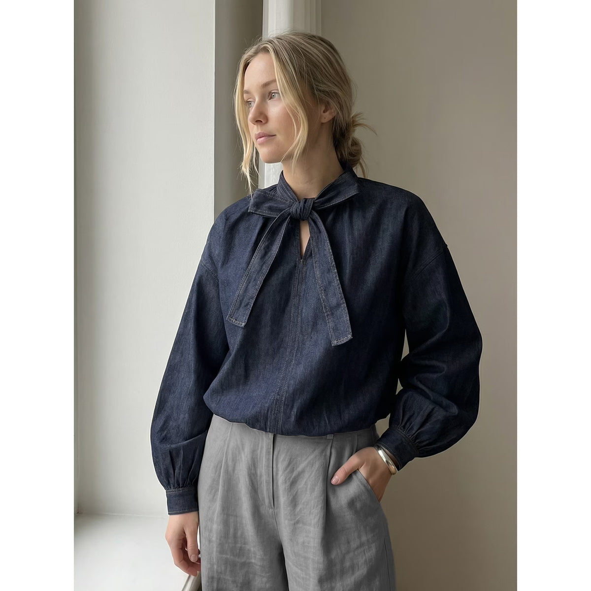 Women's Navy Denim Tie Neck Balloon Sleeve Blouse