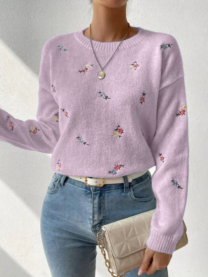 Women's Floral Embroidered Crew Neck Knit Sweater
