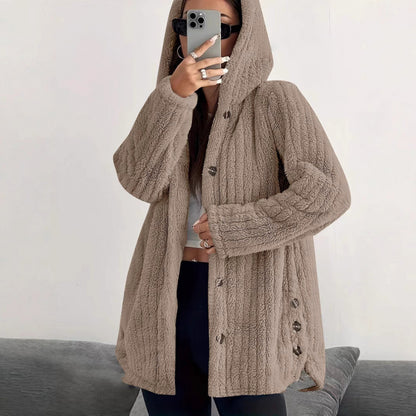 Hooded Sherpa Fleece Jacket with Button Closure