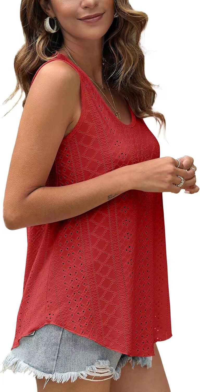 Eyelet Knit Tank Top Sleeveless Loose Fit Summer Top