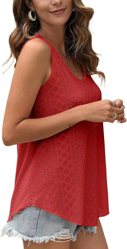 Eyelet Knit Tank Top Sleeveless Loose Fit Summer Top