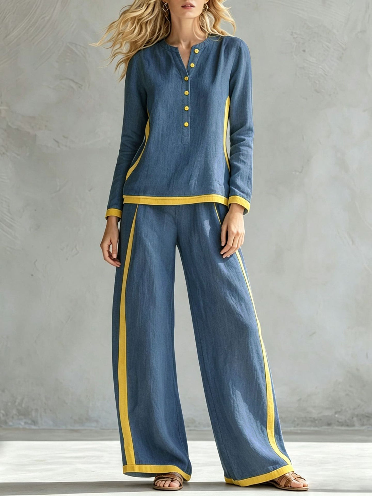 Women's Colorblock Wide Leg Pant Set Button Front Top
