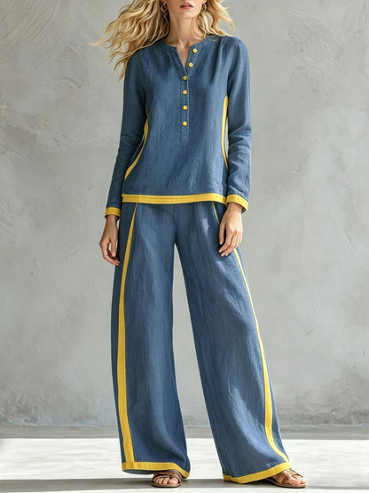 Women's Colorblock Wide Leg Pant Set Button Front Top
