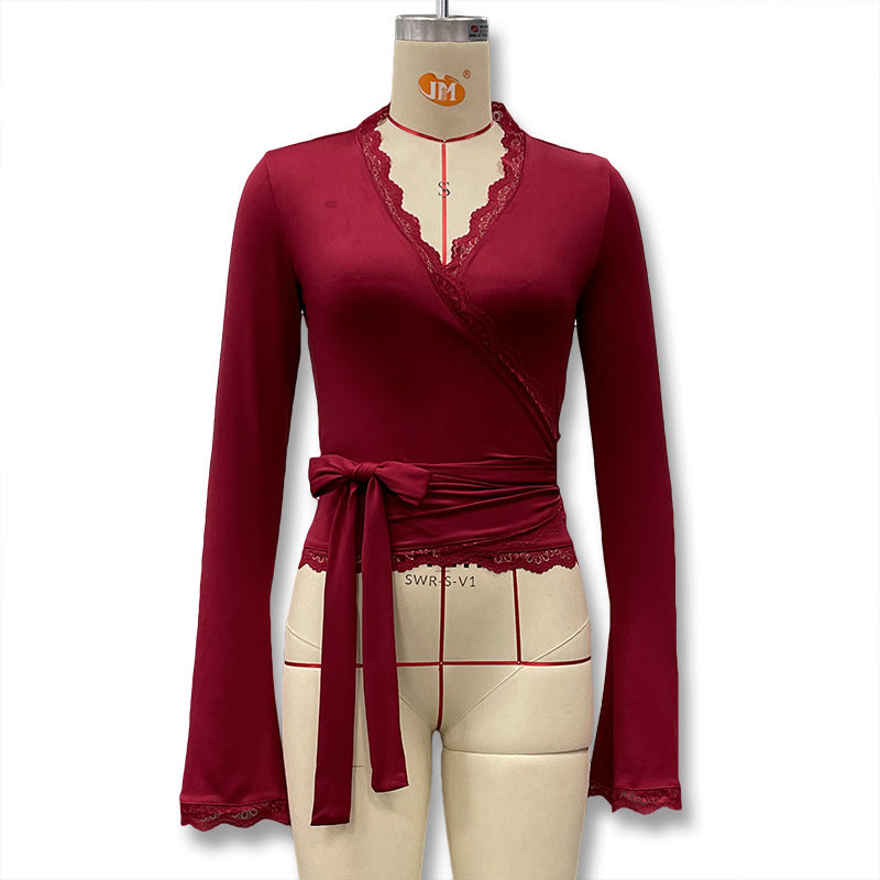Y2K Lace Trim Wrap Crop Top Long Sleeve Flare Blouse