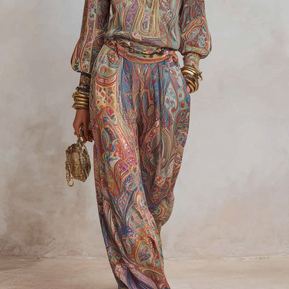 Women's Paisley V-Neck Wide Leg Pants Two Piece Set