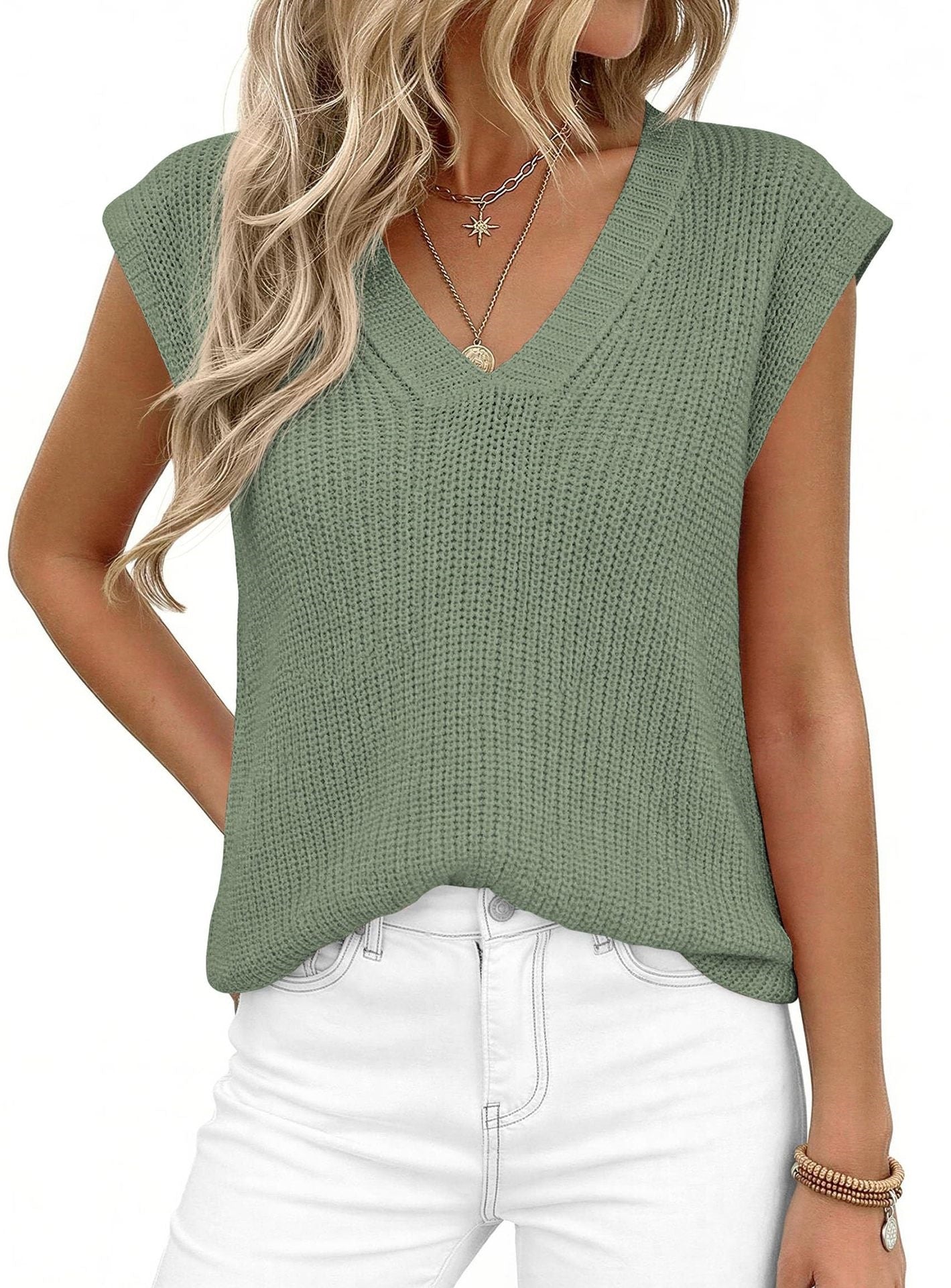 V Neck Knit Sweater Vest Sleeveless Loose Summer Top