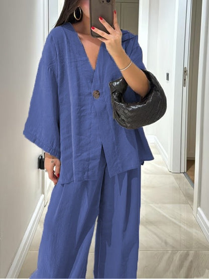 Oversized V-Neck Button Top & Wide Leg Pants Matching Set
