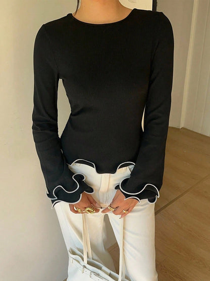 Women's Ribbed Tie Front Top Contrast Ruffle Long Sleeve