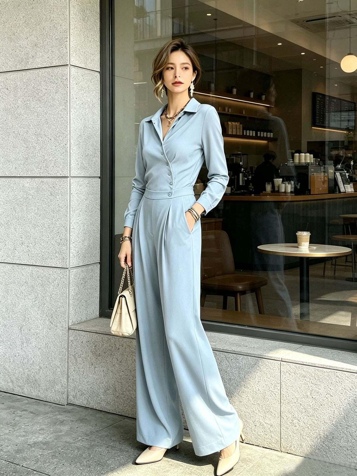 Elegant Minimalist High Waist Wide Leg Long Sleeve Jumpsuit