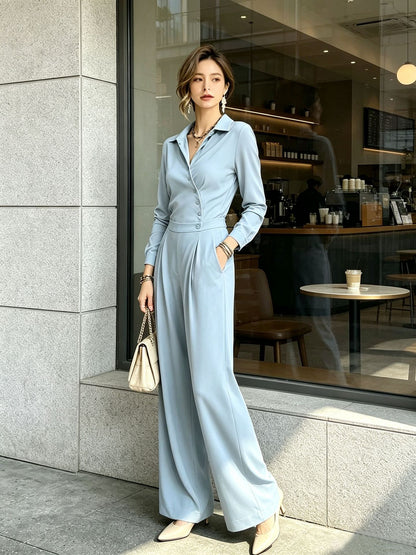 Elegant Minimalist High Waist Wide Leg Long Sleeve Jumpsuit