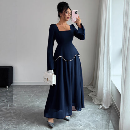 Square Neck Long Sleeve Pearl Beaded Mesh Maxi Dress