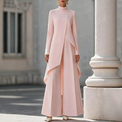 Women's Asymmetric Mock Neck Wide Leg Pants Two Piece Set