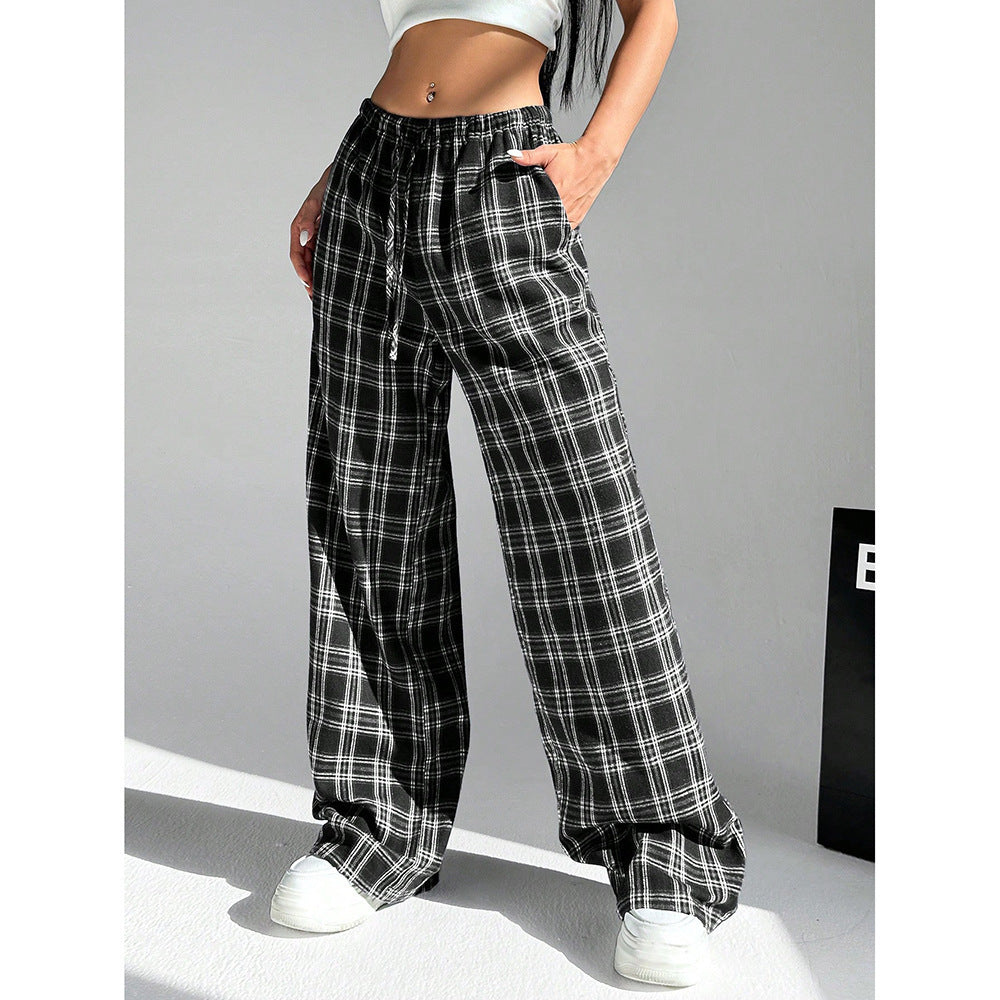 Plaid Wide Leg Pants Drawstring Casual Lounge Pants