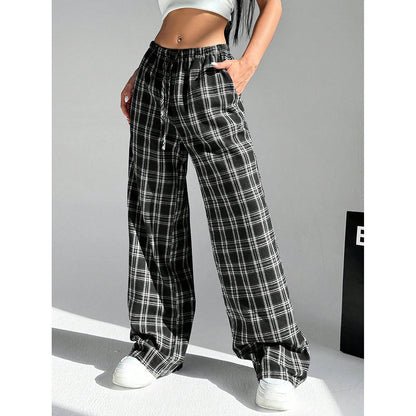 Plaid Wide Leg Pants Drawstring Casual Lounge Pants