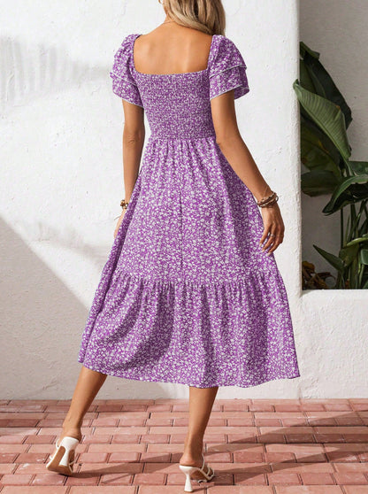 Floral Smocked Square Neck Midi Dress Ruffle Sleeve