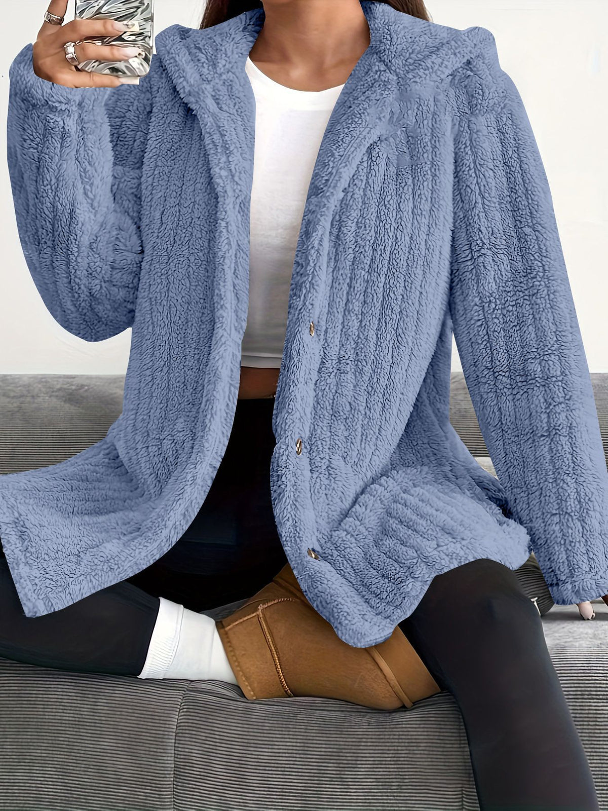 Women's Oversized Hooded Fleece Button Front Jacket