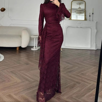 Lace Mock Neck Long Sleeve Bodycon Evening Maxi Dress