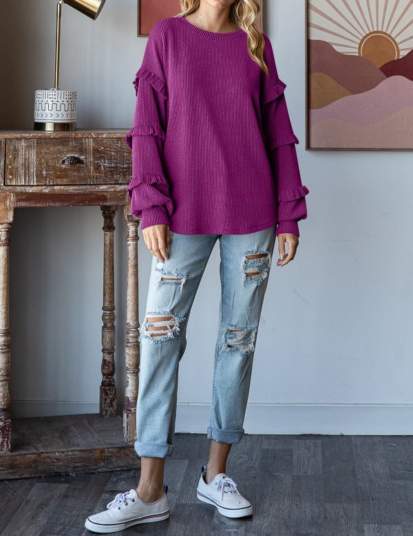 Lantern Sleeve Lace Round Neck Top