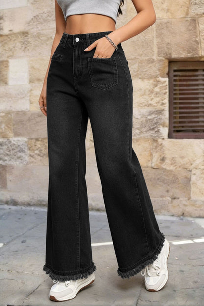Women's Vintage Washed High Waist Raw Hem Wide Leg Jeans