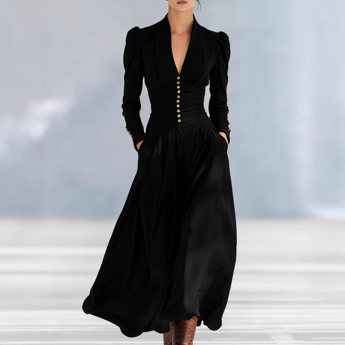 Elegant Satin V-Neck Puff Sleeve Ruched Formal Maxi Dress