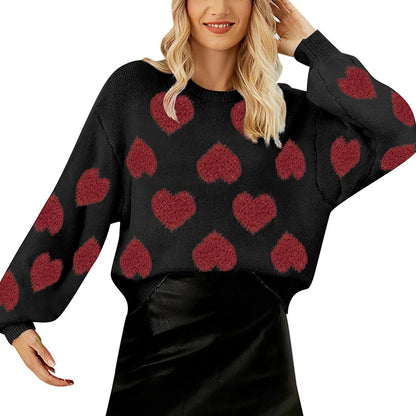 Valentine Heart Pattern Knit Pullover Sweater for Women