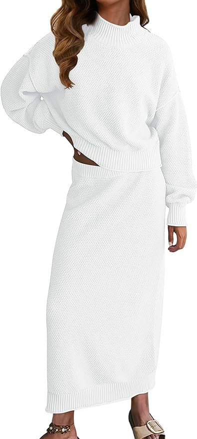 Women's Knit Two Piece Set Mock Neck Sweater Midi Skirt