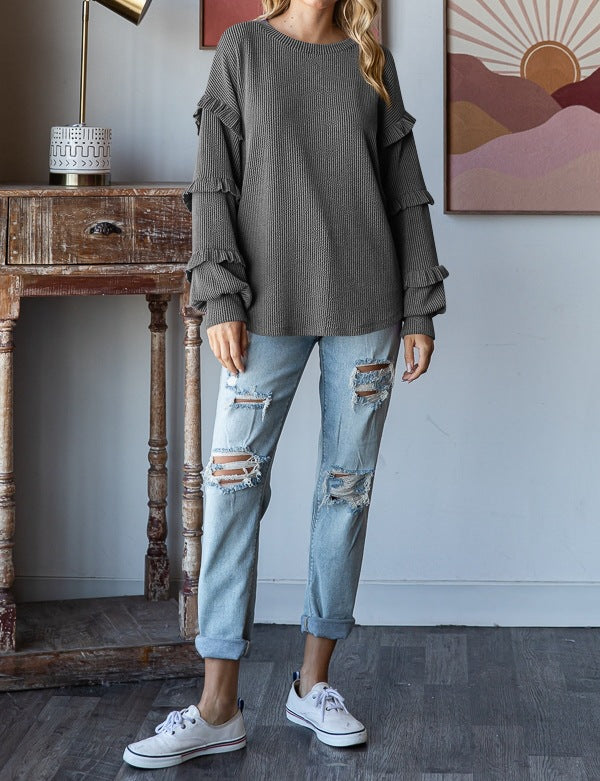 Lantern Sleeve Lace Round Neck Top