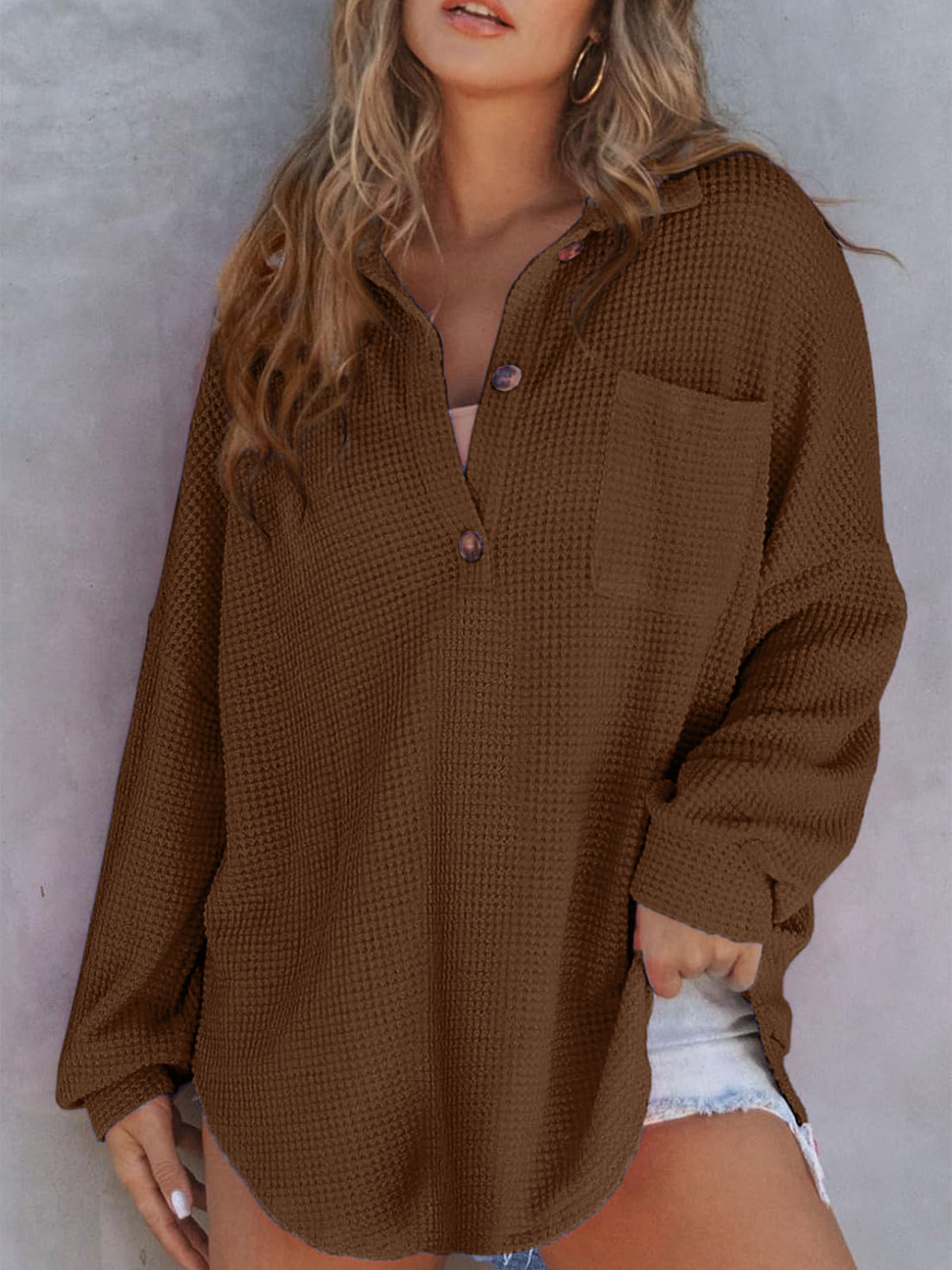 Women's Waffle Knit Oversized Collared Pocket Tunic Top