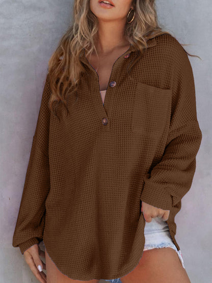 Women's Waffle Knit Oversized Collared Pocket Tunic Top