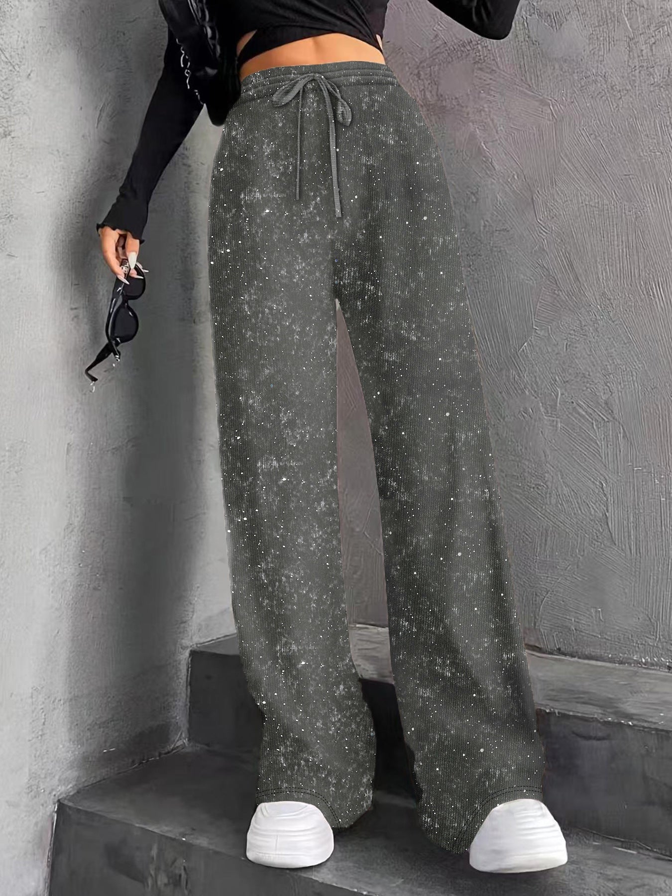 Sparkle Rhinestone Wide Leg Pants Drawstring Waist