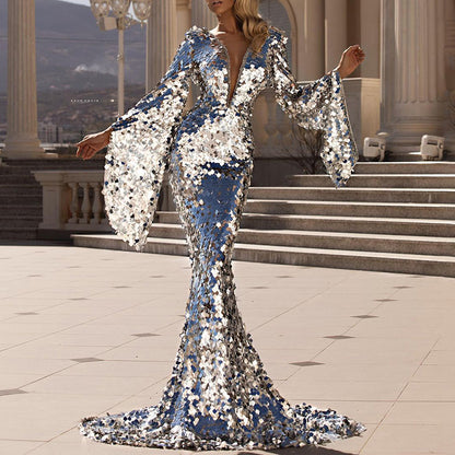 Silver Sequin Bell Sleeve Mermaid Evening Gown