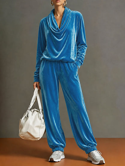 Women's Velvet Cowl Neck 2 Piece Lounge Set