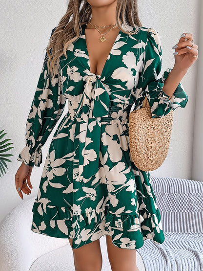 Floral V Neck Long Sleeve Ruffle Mini Dress