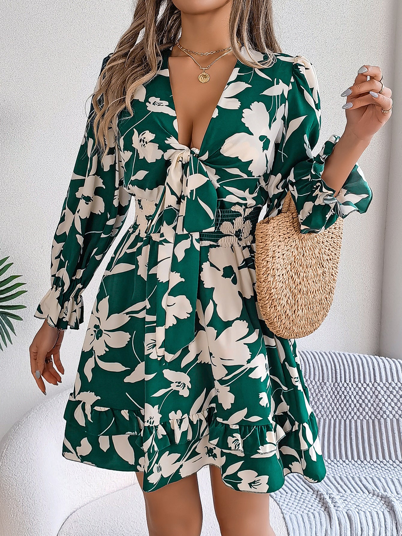 Floral V Neck Long Sleeve Ruffle Mini Dress