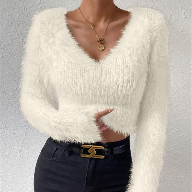 Women's Fuzzy V Neck Cropped Sweater