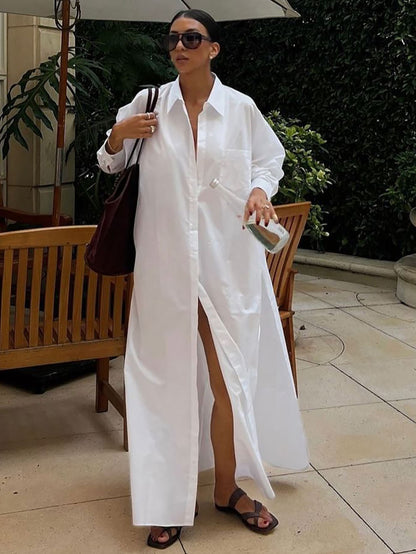 Cotton Maxi Shirt Dress Long Sleeve Collared Slit