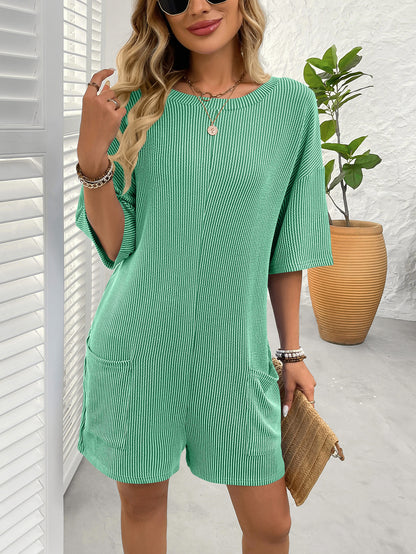 Loose Pocket Back V-Neck Short-Sleeve Jumpsuit