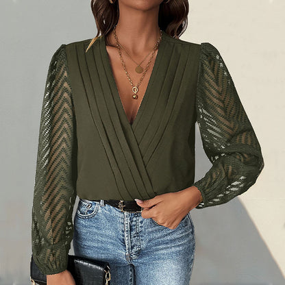 Lace Sleeve V Neck Surplice Bodysuit Long Sleeve Top
