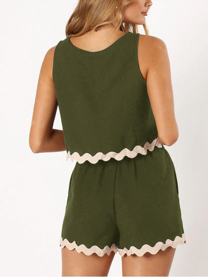 Linen Lace Two-Piece Set - Summer Crew Neck Vest & Shorts