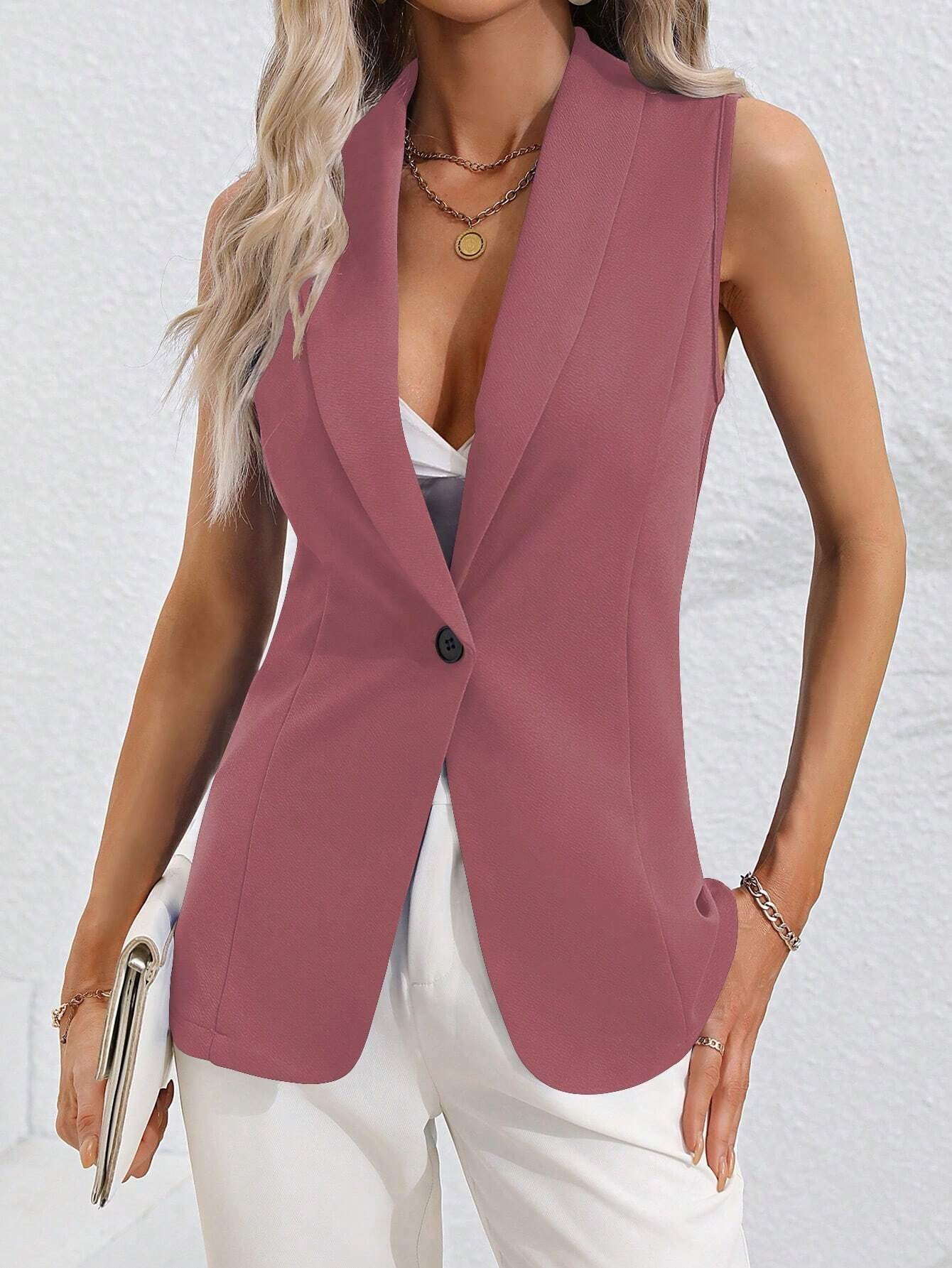 Spring Autumn Single Button Sleeveless Solid Color Cardigan