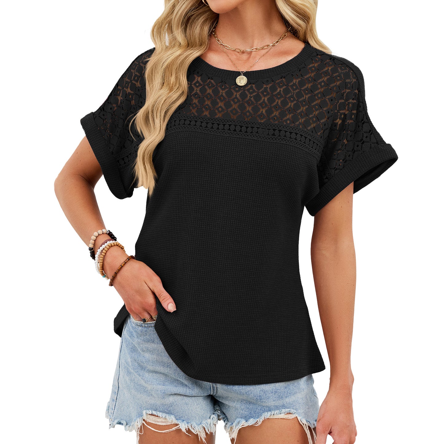 Crochet Lace Yoke Short Sleeve Waffle Knit Casual Top