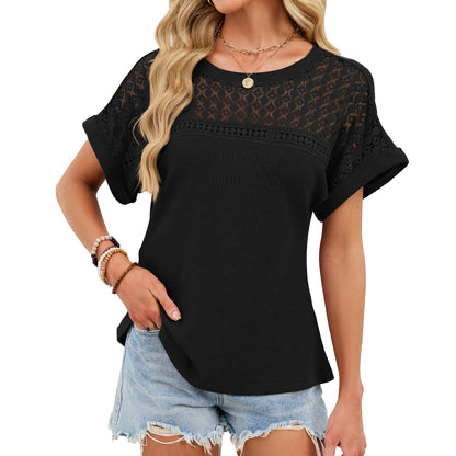 Crochet Lace Yoke Short Sleeve Waffle Knit Casual Top